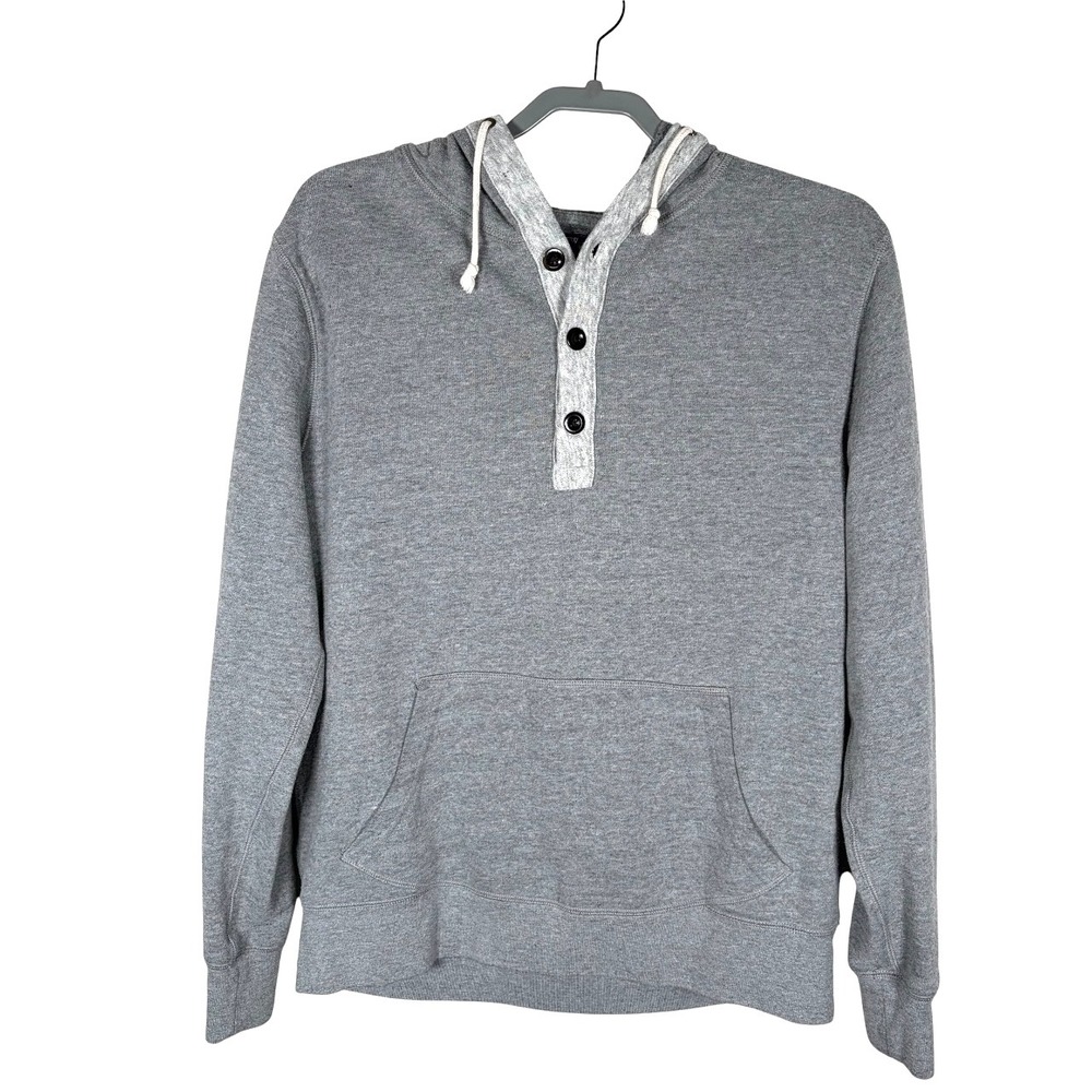 J. Crew Button Front Pullover Fleece Hoodie Mens Medium Sweatshirt Heather Grey